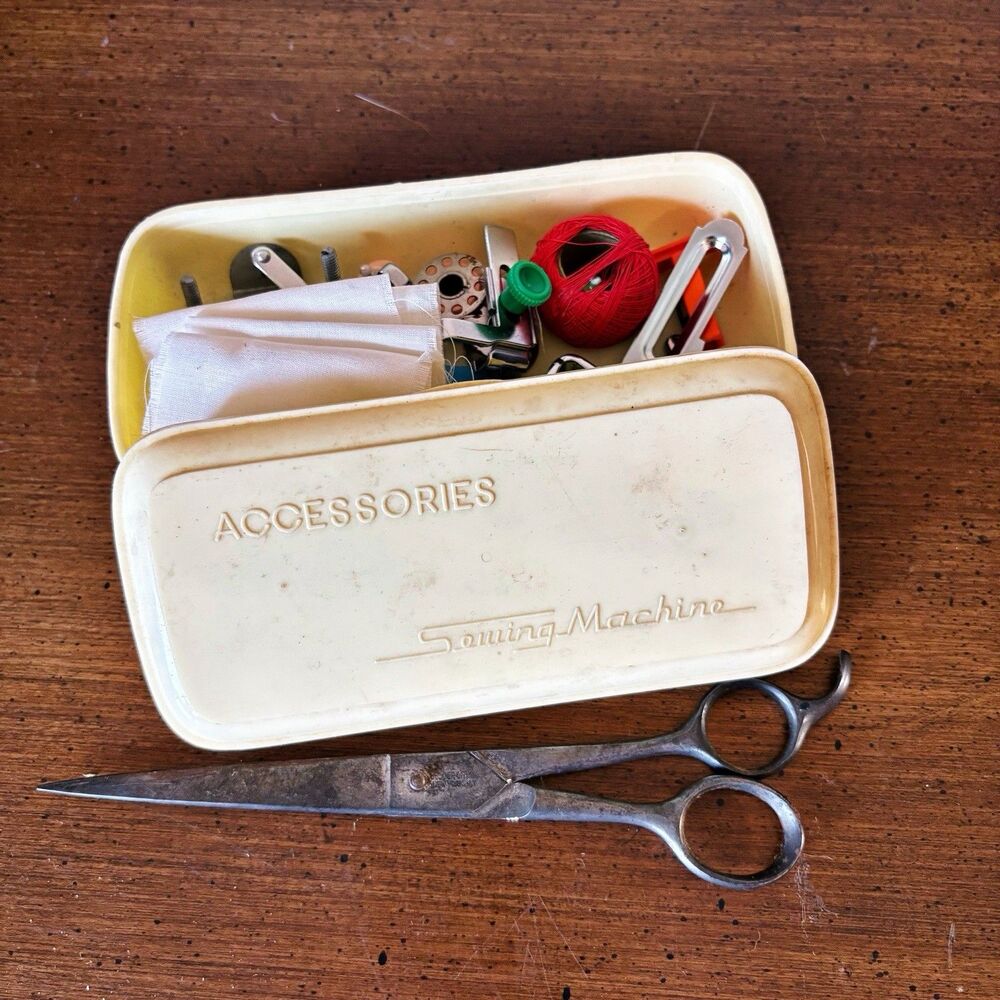 Vintage Sewing Machine Parts Lot Scissors And White Plastic Case